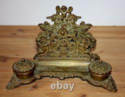 Large Antique Bronze Brass Inkwell Letter Holder with Angels from the 19th Century