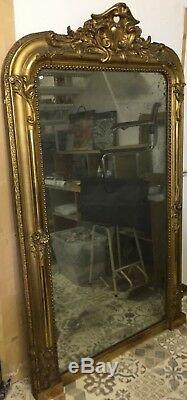 Large Antique Gilt Wood Mirror With Louis Philippe Nineteenth Century Leaf