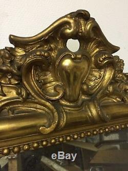 Large Antique Gilt Wood Mirror With Louis Philippe Nineteenth Century Leaf
