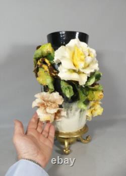 Large Bas-relief Flowered Majolica Vase, Edouard Gilles, 19th Century