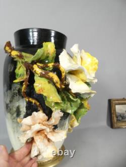 Large Bas-relief Flowered Majolica Vase, Edouard Gilles, 19th Century