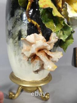 Large Bas-relief Flowered Majolica Vase, Edouard Gilles, 19th Century