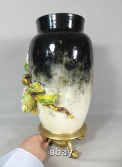 Large Bas-relief Flowered Majolica Vase, Edouard Gilles, 19th Century