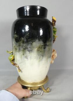 Large Bas-relief Flowered Majolica Vase, Edouard Gilles, 19th Century