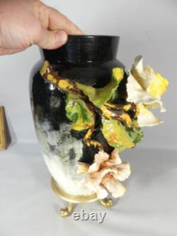 Large Bas-relief Flowered Majolica Vase, Edouard Gilles, 19th Century