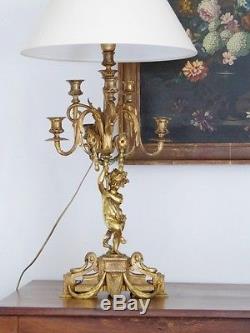 Large Candlestick Lamp Putto Gilt Bronze, Napoleon Iii, XIX