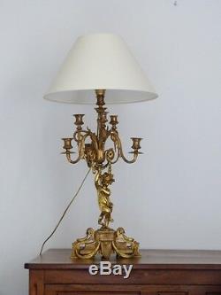 Large Candlestick Lamp Putto Gilt Bronze, Napoleon Iii, XIX