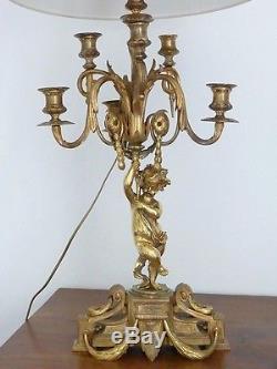 Large Candlestick Lamp Putto Gilt Bronze, Napoleon Iii, XIX