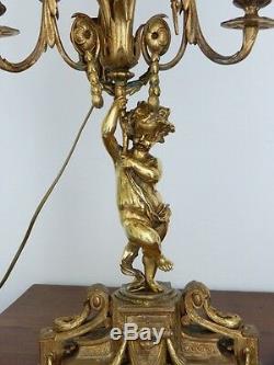 Large Candlestick Lamp Putto Gilt Bronze, Napoleon Iii, XIX