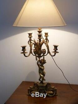 Large Candlestick Lamp Putto Gilt Bronze, Napoleon Iii, XIX