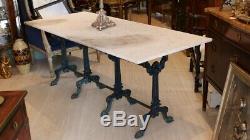 Large Garden Table With 4 Cast Iron Castings And White Marble, Xixth Time