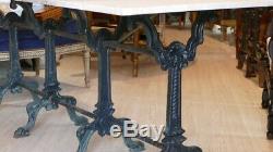 Large Garden Table With 4 Cast Iron Castings And White Marble, Xixth Time