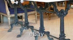 Large Garden Table With 4 Cast Iron Castings And White Marble, Xixth Time