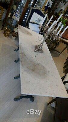 Large Garden Table With 4 Cast Iron Castings And White Marble, Xixth Time