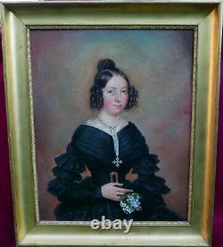 Large Portrait of a Young Woman Charles X Era Oil on Canvas from the 19th Century