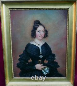 Large Portrait of a Young Woman Charles X Era Oil on Canvas from the 19th Century