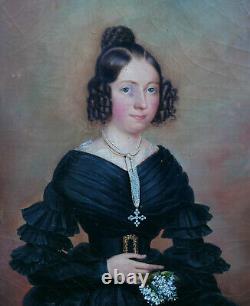 Large Portrait of a Young Woman Charles X Era Oil on Canvas from the 19th Century