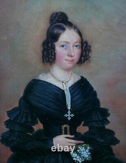 Large Portrait of a Young Woman Charles X Era Oil on Canvas from the 19th Century