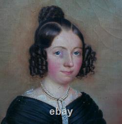 Large Portrait of a Young Woman Charles X Era Oil on Canvas from the 19th Century