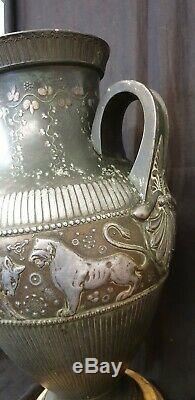Large Vase, Jarre Empire Time Nineteenth Decor Lion Bull Patinated Brass 19 Th