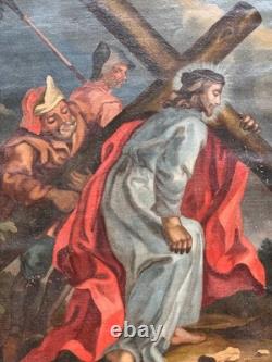 Large oil painting on canvas, 19th century, Stations of the Cross, Christian religious painting
