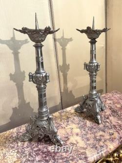Large pair of silvered bronze candlesticks, 19th century.