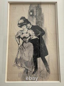 Large signed drawing, curious Belle Époque elegant cut, grand boulevard Paris