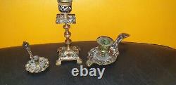 Lot 3 antique bronze cloisonné enamel candlesticks, Napoleon III era / 19th century.