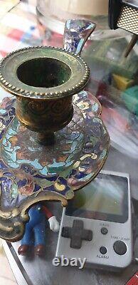 Lot 3 antique bronze cloisonné enamel candlesticks, Napoleon III era / 19th century.