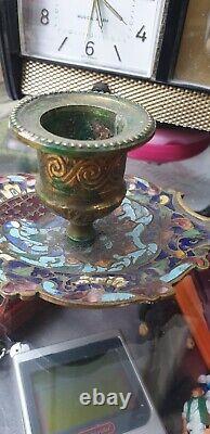 Lot 3 antique bronze cloisonné enamel candlesticks, Napoleon III era / 19th century.