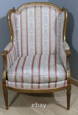 Louis XVI Style Gilded Wood Bergère Armchair with Ears, Late 19th Century