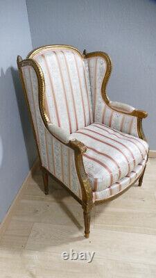 Louis XVI Style Gilded Wood Bergère Armchair with Ears, Late 19th Century