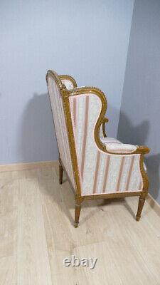 Louis XVI Style Gilded Wood Bergère Armchair with Ears, Late 19th Century