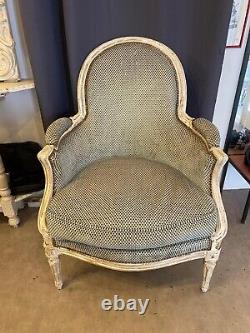 Louis XVI Style Shepherdess Armchair, 19th Century, Whitewashed and Blue Velvet Fabric