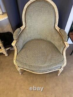 Louis XVI Style Shepherdess Armchair, 19th Century, Whitewashed and Blue Velvet Fabric