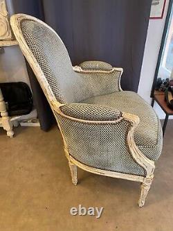 Louis XVI Style Shepherdess Armchair, 19th Century, Whitewashed and Blue Velvet Fabric