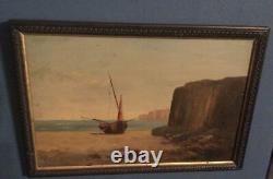 Marine from the 19th Century: Barque on the Beach. Oil Painting in an Antique Frame. Signed.