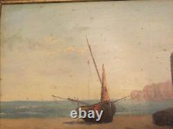 Marine from the 19th Century: Barque on the Beach. Oil Painting in an Antique Frame. Signed.