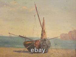 Marine from the 19th Century: Boat on Beach. Oil painting in period frame. Signed.