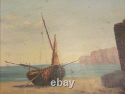 Marine from the 19th Century: Boat on Beach. Oil painting in period frame. Signed.