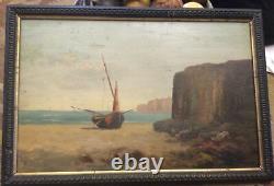 Marine from the 19th Century: Boat on Beach. Oil painting in period frame. Signed.