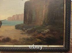 Marine from the 19th Century: Boat on Beach. Oil painting in period frame. Signed.