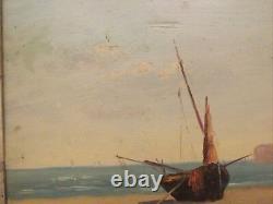 Marine from the 19th Century: Boat on Beach. Oil painting in period frame. Signed.