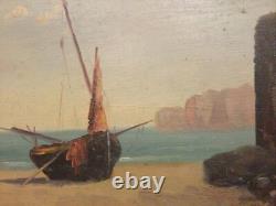 Marine from the 19th Century: Boat on Beach. Oil painting in period frame. Signed.