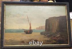 Marine from the 19th Century: Boat on the Beach. Oil on canvas in antique frame. Signed.