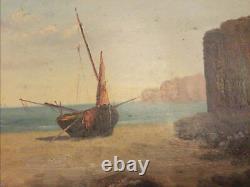 Marine from the 19th Century: Boat on the Beach. Oil painting in vintage frame. Signed.