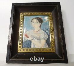 Minature Portrait Young Woman With Necklace Notebook 19th Century