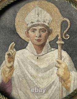 Miniature Ecclesiastical Painting Bishop Mitre & Crosse Religion Epoque XIX Ème