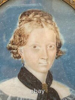 Miniature Paint Portrait Elegant Woman Signed Epoque XIX Ème Antique Painting