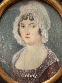 Miniature Painting Portrait Of Woman At The Hair Age XIX Antique Painting